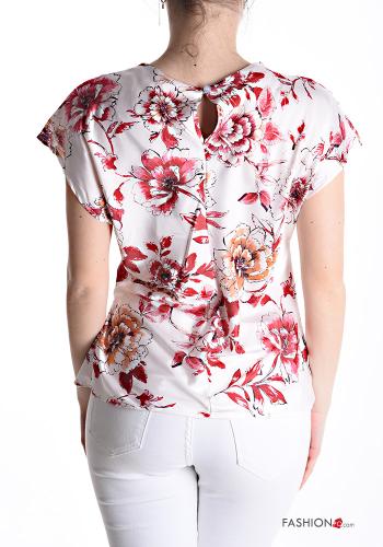Blumenmuster kurze ärmel u-boot ausschnitt Bluse mit knoten - ph 2