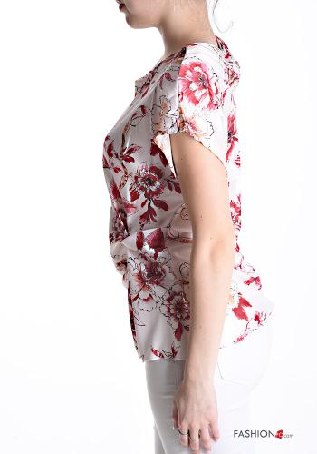 Blumenmuster kurze ärmel u-boot ausschnitt Bluse mit knoten - ph 3
