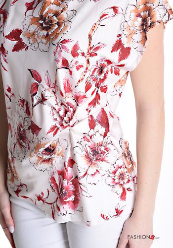 Blumenmuster kurze ärmel u-boot ausschnitt Bluse mit knoten - ph 4