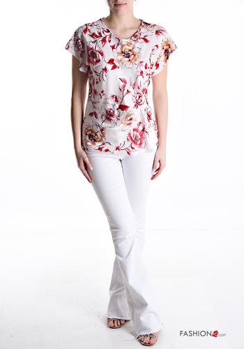 Blumenmuster kurze ärmel u-boot ausschnitt Bluse mit knoten - ph 5