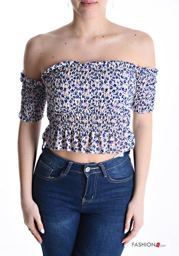 Floral short sleeve mini Top with elastic bardot neckline - ph 1