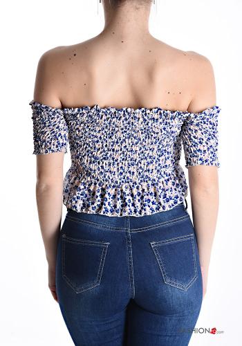 Floral short sleeve mini Top with elastic bardot neckline - ph 2