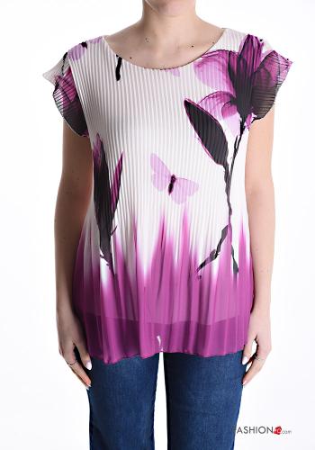 Floral chiffon ruffle sleeve short sleeve pleated Blouse with lining - ph 1