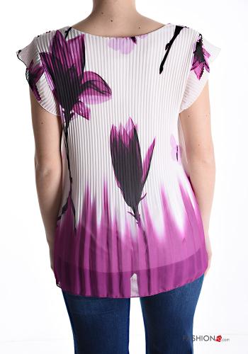 Floral chiffon ruffle sleeve short sleeve pleated Blouse with lining - ph 2