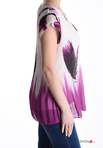 Floral chiffon ruffle sleeve short sleeve pleated Blouse with lining - ph 3