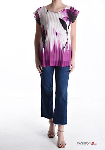 Floral chiffon ruffle sleeve short sleeve pleated Blouse with lining - ph 5