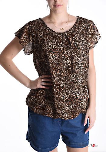 Animal print short sleeve crew neck ruffle sleeve Blouse - ph 1