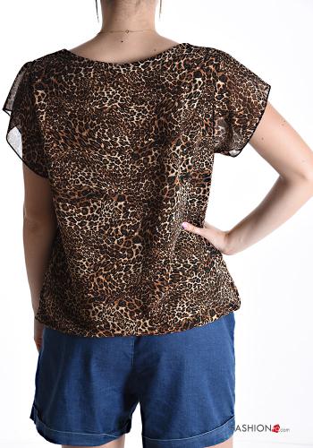 Animal print short sleeve crew neck ruffle sleeve Blouse - ph 2