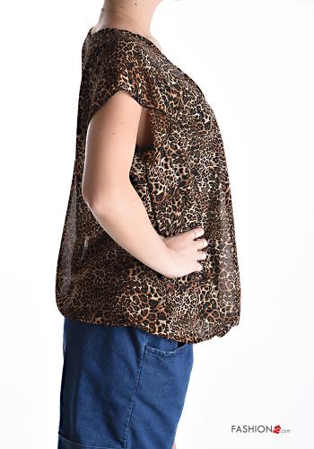 Animal print short sleeve crew neck ruffle sleeve Blouse - ph 3