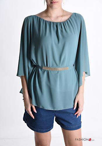 Blusa chiffon con cintura in stoffa con strass con fodera