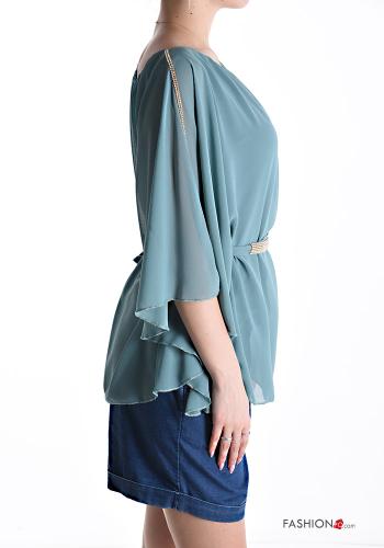 chiffon Bluse mit Strasssteinen mit stoffgürtel mit Futter - ph 3