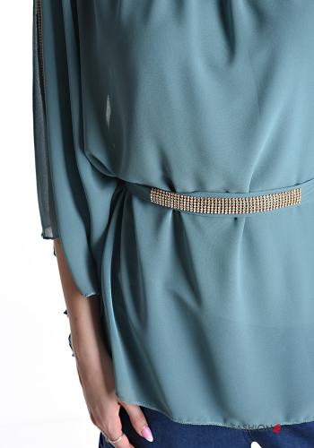 chiffon Bluse mit Strasssteinen mit stoffgürtel mit Futter - ph 4