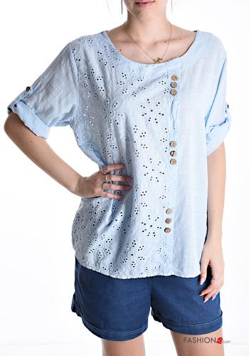 Blusa in Cotone maniche corte girocollo con bottoni in pizzo sangallo - ph 1
