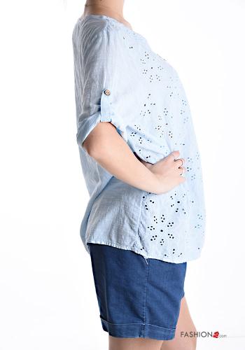 Blusa in Cotone maniche corte girocollo con bottoni in pizzo sangallo - ph 3
