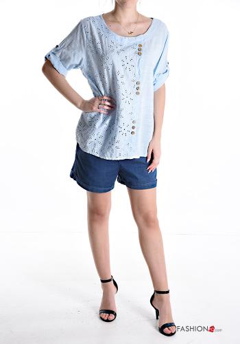 Blusa in Cotone maniche corte girocollo con bottoni in pizzo sangallo - ph 5