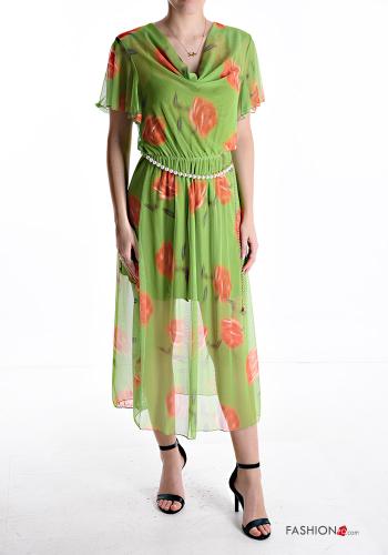 Abito in Cotone maniche volant maniche corte chiffon Fantasia floreale con fodera con cintura con perle - ph 1