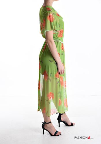 Abito in Cotone maniche volant maniche corte chiffon Fantasia floreale con fodera con cintura con perle - ph 3