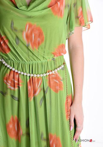 Abito in Cotone maniche volant maniche corte chiffon Fantasia floreale con fodera con cintura con perle - ph 4