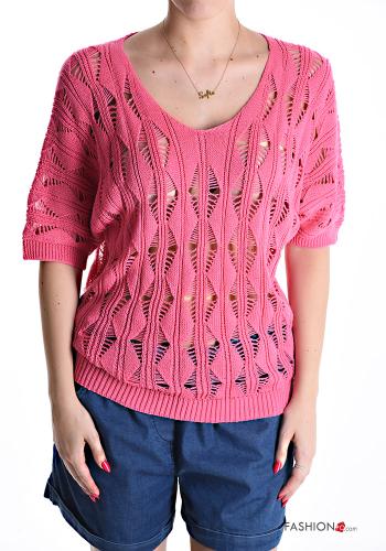 Maglione in Cotone maniche corte Fantasia ricamata scollo a V - ph 1