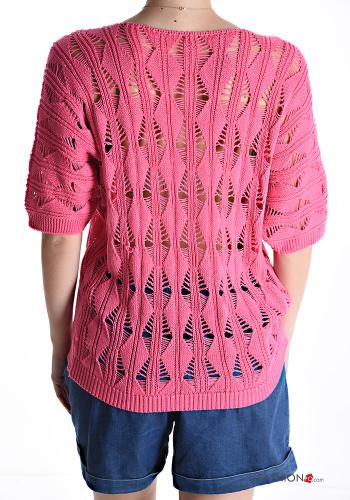 Maglione in Cotone maniche corte Fantasia ricamata scollo a V - ph 2