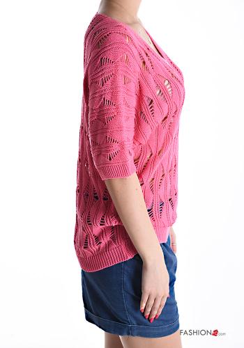 Maglione in Cotone maniche corte Fantasia ricamata scollo a V - ph 3