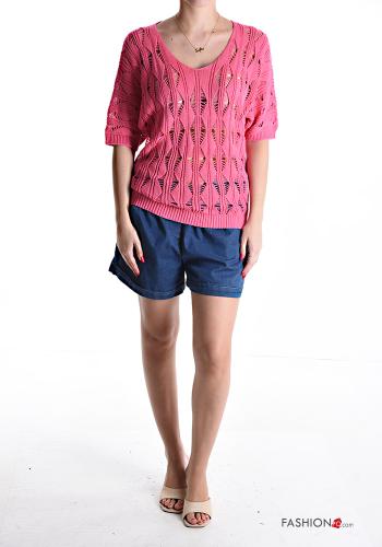 Maglione in Cotone maniche corte Fantasia ricamata scollo a V - ph 5