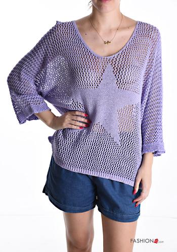 Jersey de Algodón manga larga de rejilla Patrón bordado con cuello en v - ph 1