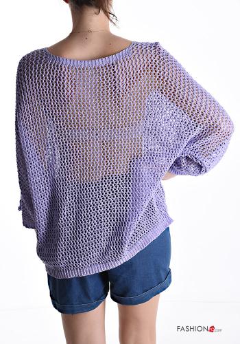 Jersey de Algodón manga larga de rejilla Patrón bordado con cuello en v - ph 2