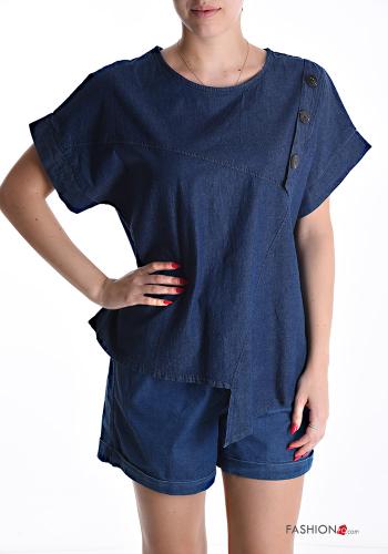 short sleeve crew neck denim Cotton Blouse with buttons - ph 1
