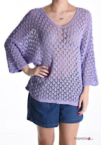 Maglione in Cotone maniche lunghe Fantasia ricamata scollo a V