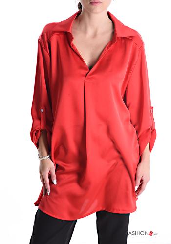 satin with collar Tunic with buttons 3/4 sleeve with v-neck