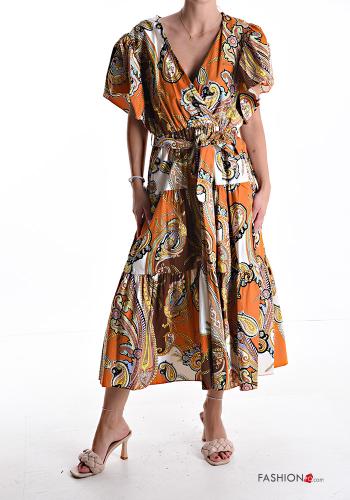 Paisley Muster ballonärmel kurze ärmel Kleid aus Baumwolle mit Volants mit stoffgürtel mit V-Ausschnitt