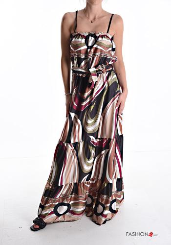 Abstract print sleeveless long adjustable Dress with flounces with fabric belt - ph 1