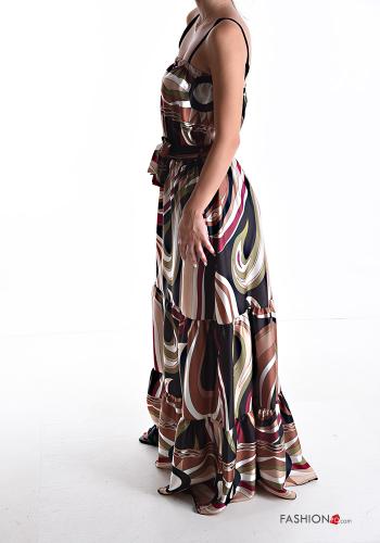Abstract print sleeveless long adjustable Dress with flounces with fabric belt - ph 3