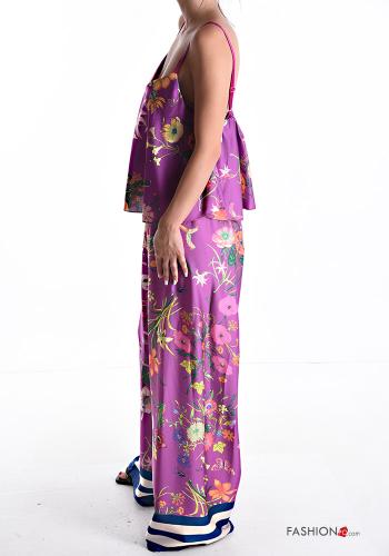 Coordinato scollato sulla schiena wide leg raso senza maniche Fantasia floreale scollo a V con elastico - ph 3