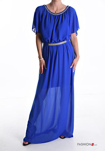 Abito chiffon maniche corte lungo con cintura in stoffa con strass con fodera - ph 1