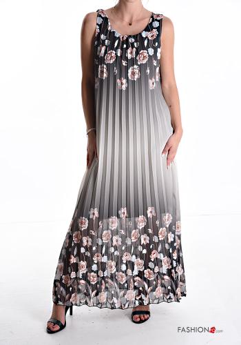 Blumenmuster plissiert u-boot ausschnitt lange ärmellos Kleid - ph 1