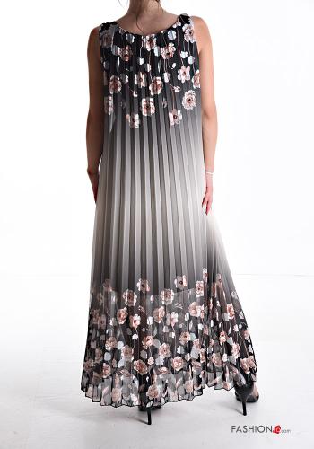 Blumenmuster plissiert u-boot ausschnitt lange ärmellos Kleid - ph 2