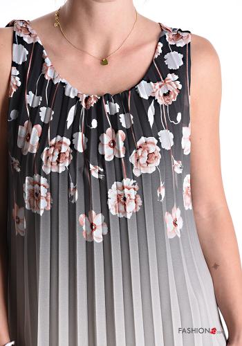 Blumenmuster plissiert u-boot ausschnitt lange ärmellos Kleid - ph 4