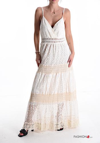 Embroidered adjustable long sleeveless lace trim Dress with flounces with v-neck - ph 1