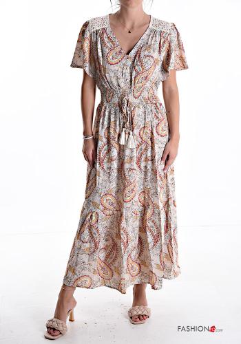 Abito pizzo maniche corte Fantasia paisley con elastico con fiocco scollo a V - ph 1