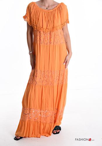short sleeve long lace trim Dress with flounces bardot neckline