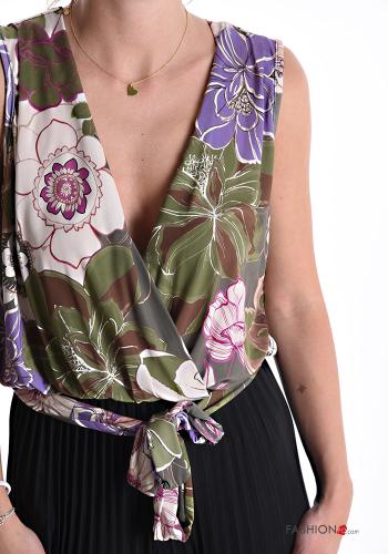 Combinaison plissé à dos nu à Imprimé Floral avec ceinture en tissu décolleté profond - ph 4