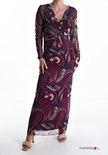 Abito tulle maniche lunghe Fantasia astratta scollo a V con fodera