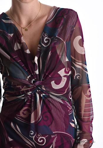 Abito tulle maniche lunghe Fantasia astratta scollo a V con fodera - ph 4