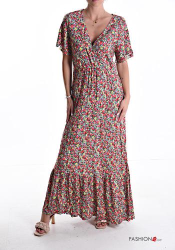 Robe en Coton manches courtes longue à Imprimé Floral à volants à col en V - ph 1