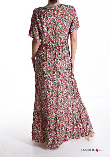 Robe en Coton manches courtes longue à Imprimé Floral à volants à col en V - ph 2