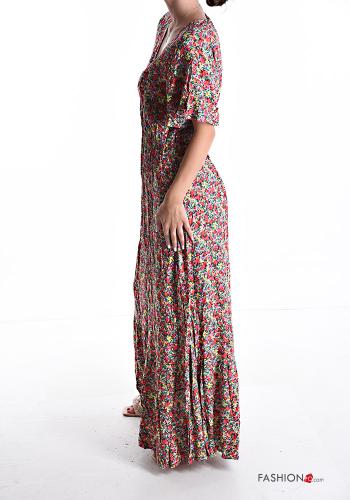 Robe en Coton manches courtes longue à Imprimé Floral à volants à col en V - ph 3
