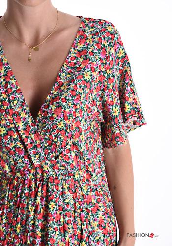 Robe en Coton manches courtes longue à Imprimé Floral à volants à col en V - ph 4