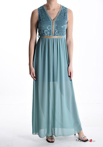 sleeveless long chiffon Dress with rhinestones with v-neck broderie anglaise with fabric belt with lining